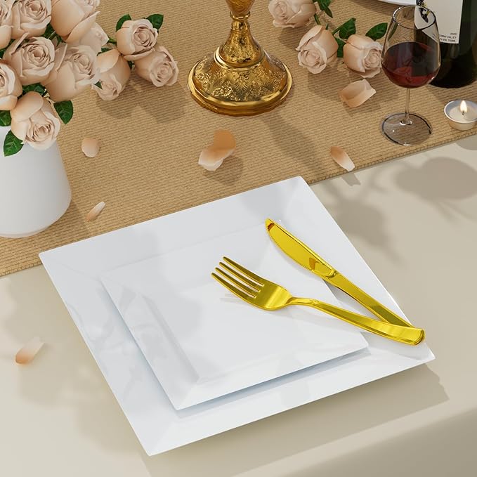 Goodluck 100 Pack Square Plastic Plates, Heavy Duty 50 Dinner Plates 9.5" and 50 Dessert Plates 6.5", Fancy Disposable Plates for Wedding, Holiday Party, Birthday, White