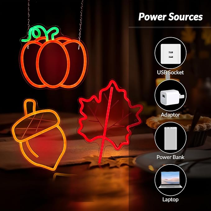 Hanna Roberts 3 PcsThanksgiving Neon Sign, Pumpkin Maple Leaf Acorn Neon LED Lights, USB Powered window lights for Halloween Thanksgiving Party, 3D Wall Art Signs for Home Bedroom Living Room