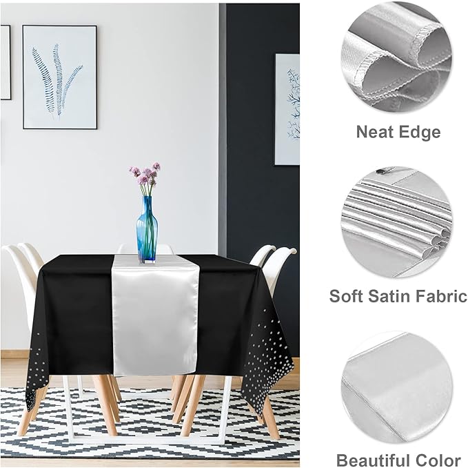 24Pack Disposable Plastic Tablecloths and Satin Table Runner Set Black and Silver Dot Tablecloth Silver Satin Table Runner for Wedding Birthday Baby Shower Anniversary Christmas New Year Party Supply