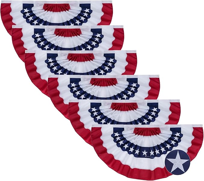 SYII Bunting Flag 3x6 Feet Outdoor (6 PCS), Embroidery Stars American US Bunting Flags with 3 Brass Grommets, Patriotic Half Fan Banner for Fourth of July Decor, 4th of july Decorations Outdoor