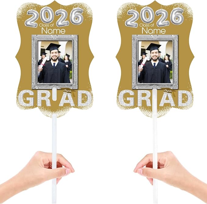 Personalized Graduation Double Sided Face Fan Class of 2026 Customized Graduation Head Face Cutout with Handle Fun Photo Prop Supplies(A-Champagne and Silver,24pcs)