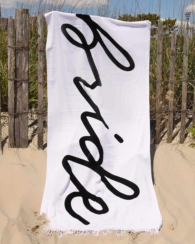 xo, Fetti Bride Fringe Beach Towel - 100% Cotton | Bachelorette Decorations, Black and White Bridal Shower Gift, Bridesmaid Favors, Engagement Party, Poolside Bride to Be, Newlywed Honeymoon Supplies
