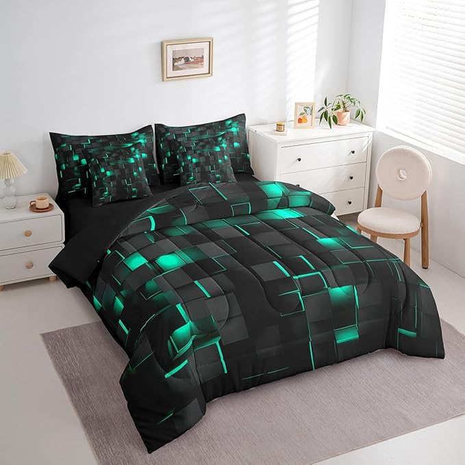 Feelyou Teal Blue and Black Bedding Set Twin Size Kids Light Geometric Comforter Set with Sheets 7 Piece Bed in a Bag forModern Bed Set with Comforter,Sheets,Pillowcases,Cushion Covers
