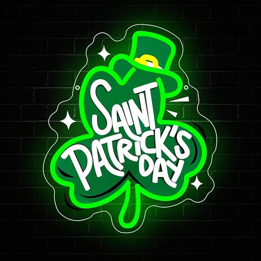 St Patrick's Day Neon Sign, Lucky Clover Happy St Patrick's Day Led Neon Light Signs for Wall Decor Party Favor Green Lucky Leaf Sign for Arbor Day Store Decorations Gift Dimmable USB Powered
