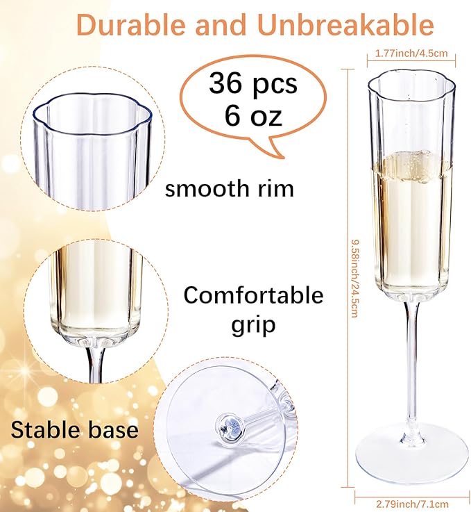 YOUBET 36 Pack Clear Champagne Flutes Plastic - 6 Oz Flower Wavy Champagne Plastic Glasses - Heavy Duty Vintage Disposable Flutes for Wedding Party Birthday Anniversary