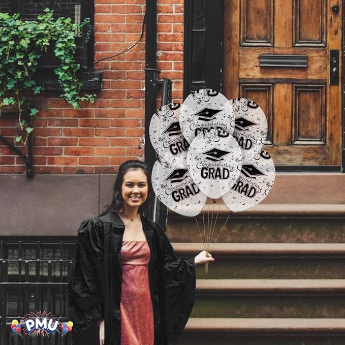 PMU 100 Pcs Crystal Clear Graduation Balloons Class of 2025 with All-Over Print White Grad Caps-Confetti and Streamers | Graduation Party Supplies | Congratulations Grad Latex Balloons Latex