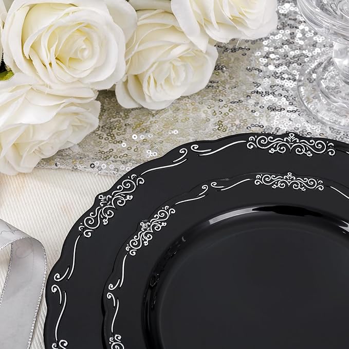DaYammi 60PCS Black and Silver Plastic Plates, Heavy Duty Black and Silver Disposable Plates Premium 10inch Dinner Plate Hard Plastic Plate Disposable for Party and Wedding
