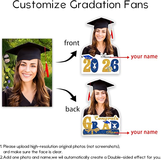 Personalized Graduation Face Fan 2026 Grade Custom Double Sided Face Cutout Fan with Handle Photo Booth Prop Party Supplies(B-Blue and Gold,12pcs)