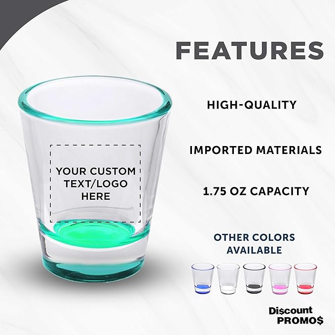 DISCOUNT PROMOS Custom Shot Glasses 1.75 oz. Set of 10/50/100, Personalized Bulk Pack - Great for Wedding Favors, Bachelorette Decorations, Party Favors - Green Bottom Color
