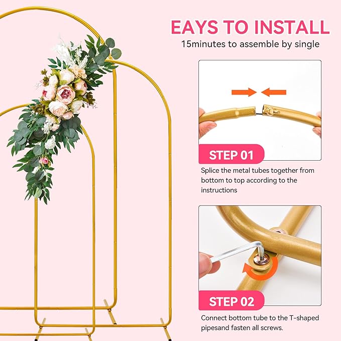 3 Pack Wedding Arch Backdrop Stand, Gold Metal Balloon Arch Stand (7.2FT, 6.6FT, 6FT), Set of 3 Arched Frame Decoration for Wedding, Birthday, Baby Shower, Party