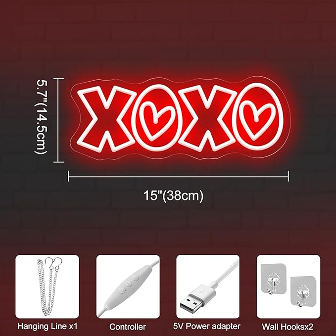XOXO Neon Sign, Hot Pink LED Light with Romantic Heart Accents for Lover Valentine Gifts, Bedroom Wall Art, Valentine’s Day Gift, Romantic Home Decor, Couples Gift 15″ × 5.7″