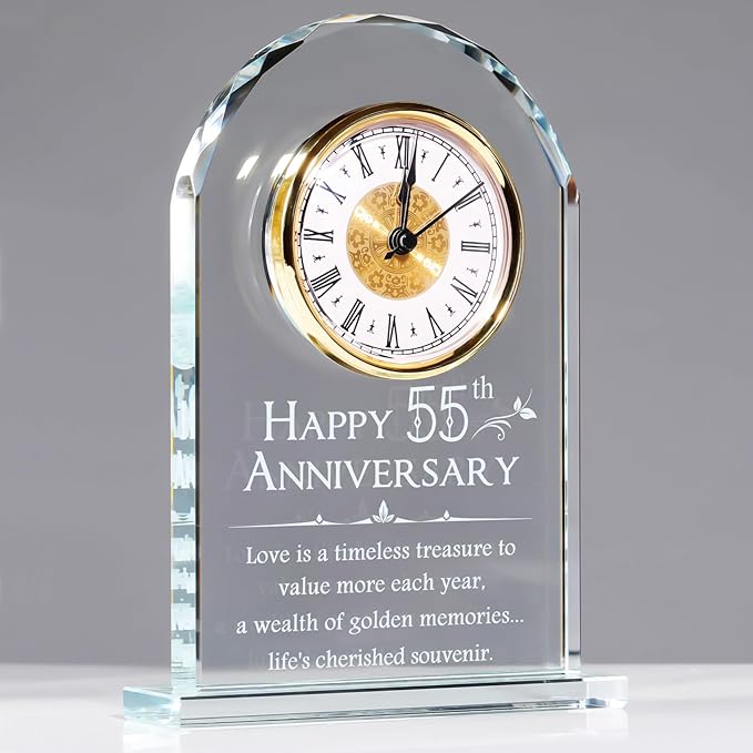 YWHL 55th Wedding Anniversary Quartz Clock Gifts for Couples, 55 Year Anniversary Glass Keepsake Gift for Parents Grandparents, Table Clock 55th Anniversary Party Decoration (Battery not Included)