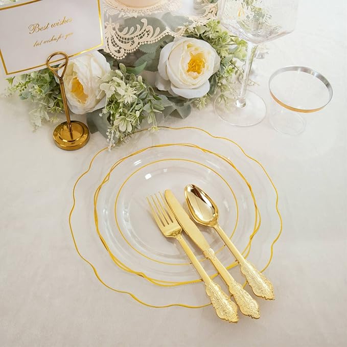 NOCCUR 50Guest Gold Rim Clear Plastic Plates&Disposable Silverware Cups-Include 100Plastic Plates, 150Gold Utensils, 50Cups and 50Napkins-Idea for Wedding/Party