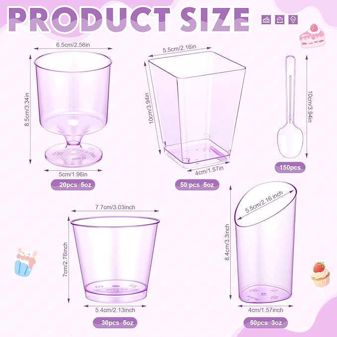 300 Pack Clear Purple Mini Dessert Cups with Spoons 5oz 3oz Plastic Square Slanted Parfait Appetizer Shooter Round Goblet for Dessert Table Birthday Party Ice Cream Pudding Mousse Yogurt
