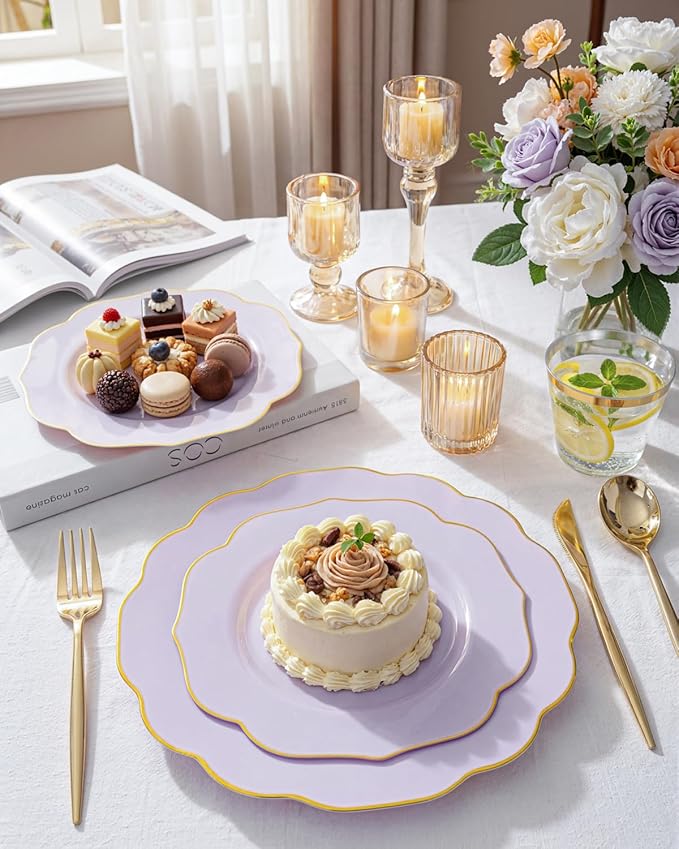 bUCLA 180PCS Purple Plastic Plates - Disposable Purple with Gold Rim, Include 30 Each (Dinner & Salad) Plates, 30 Knives, 30 Forks, 30 Spoons, 30Cups for Party & Birthday