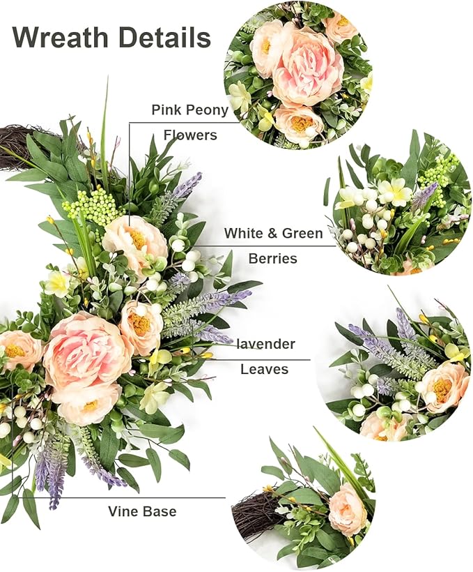 24 Inch Spring Wreath for Front Door, Grapevine Half Greenery Wreaths with Pink Peony Lavender Flowers & Eucalyptus Olive Leaves for Farmhouse Decor Porch Wall Indoor Outdoor Decoration