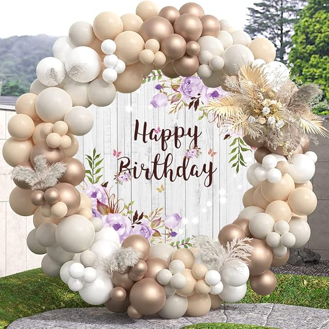 OERJU Happy Birthday Round Backdrop Cover Rustic Wood Purple Floral Flowers Birthday Background for Photography Girls Women Birthday Party Circle Backdrop Cover Cake Table Decoration 6x6ft