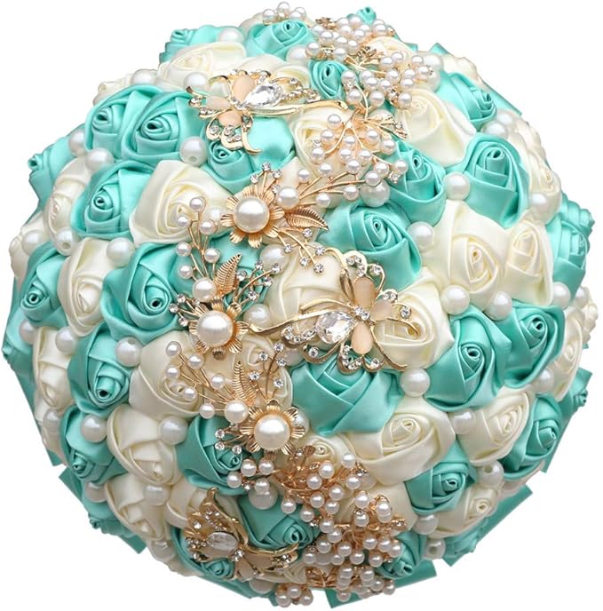 Handmade Wedding Bride Bridesmaid Bridal Bouquet Rose Holding Toss Artificial Flowers Bouquets with Satin Ribbon Pearls Rhinestone for Wedding Celebration Valentine’s Day Parties Bouquet Decor