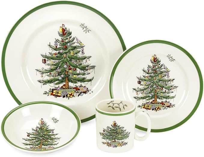 Spode Christmas Tree 4-Piece Dinnerware Setting - Fine Earthenware Holiday Tableware - Dishwasher & Microwave Safe, Festive Christmas Plates, Bowls, Mug - Holiday Dining Essentials