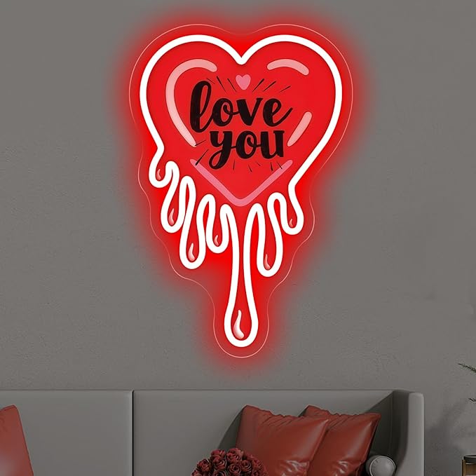 Love You Dripping Heart Neon Sign, Red Melting Heart UV Printed LED Light for Bedroom, Living Room, Valentine's Day Party Wall Art, Romantic Home Decor, Couple Gift 10″ × 15″
