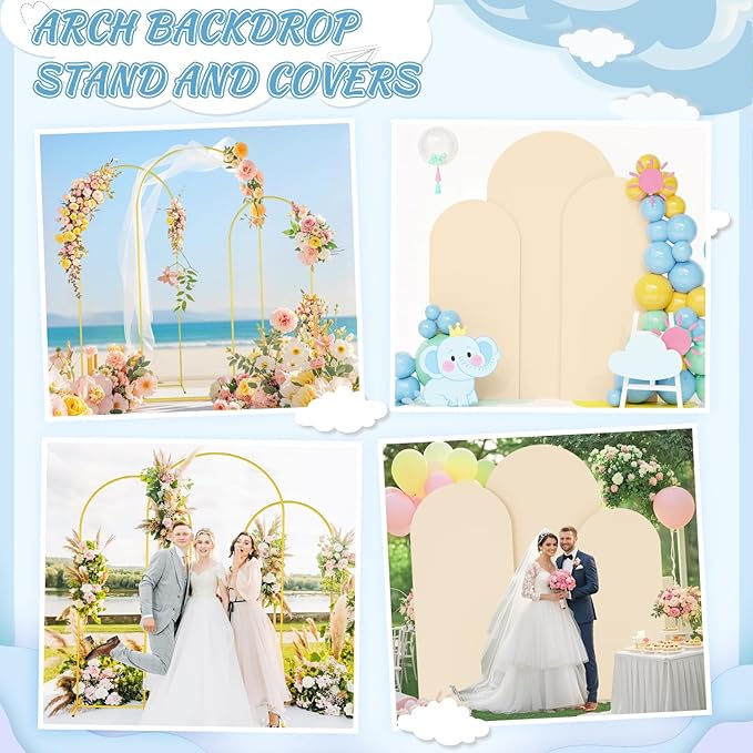 FOTSHARER Metal Wedding Arch Stand and Cover Set of 3 Gold Balloon Arch Backdrop Stand 6FT, 5FT, 4FT Beige Spandex Arch Covers Stretchy Backdrop for Gender Reveal Baby Shower Birthday Party Decoration