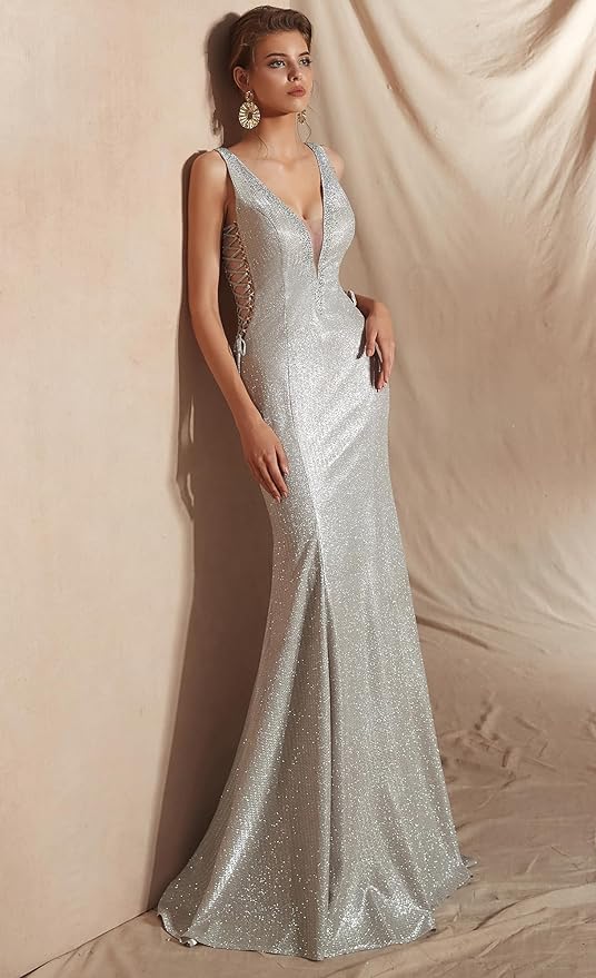 Women's Double V-Neck Sequins Lace-up Mermaid Evening Dress