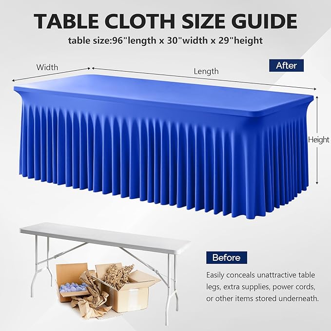 Wish Care 2 Pack Royal Blue Spandex Table Clothes for 8 Foot Rectangle Tables, 8FT Wrinkle Free Fitted Tablecloths Ruffles Design Table Cloth for Party, Banquet, Wedding and Events
