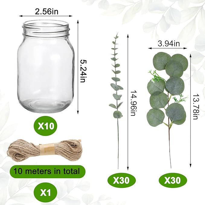 XunYee 10 Set Mason Jar Table Centerpiece with Flower Mason Jar Flower Centerpiece Vases Decor for Engagement Party Bridal Shower Centerpieces Wedding Reception Table Decor (Eucalyptus)
