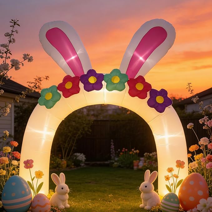VIHOSE 10FT Easter Bunny Inflatable Arch with Flowers Giant Easter Blow Up Yard Decoration Rabbit Ear Archway Yard White Decoration with Build-in LED for Party Lawn Easters Egg Hunt Event