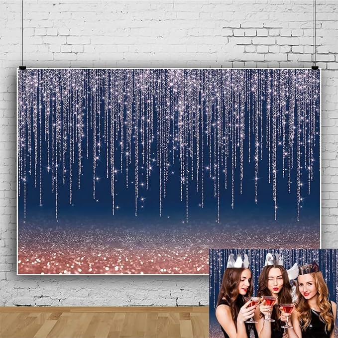 Navy Blue Glitter Backdrop 12x8ft Rose Gold and Blue Background for Photography Birthday Graduation Wedding Baby Shower Party Decorations Cake Table Banner Photo Booth Props