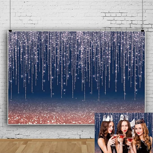 Navy Blue Glitter Backdrop 12x8ft Rose Gold and Blue Background for Photography Birthday Graduation Wedding Baby Shower Party Decorations Cake Table Banner Photo Booth Props
