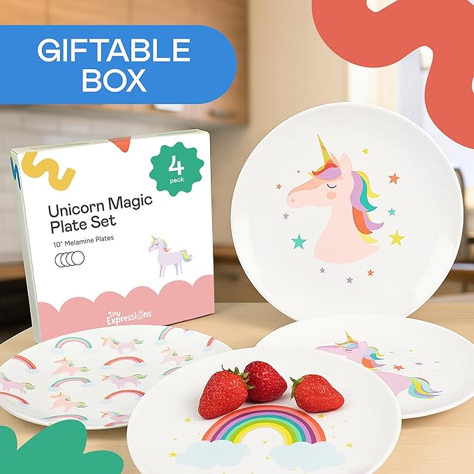 Tiny Expressions Unicorn Plates – 10" Set of 4 Reusable Melamine Party Plates with Rainbows, Stars & Whimsical Unicorns – Ideal for Everyday Use, Table Decor, Gifts, Birthdays & Party Favors