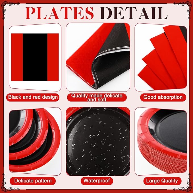 452 Pcs Red and Black Party Decorations, Red and Black Paper Plates Cups Napkins Tablecloth Cutlery Straws Baby Shower Wedding Birthdays Party Supplies, 50 Guests