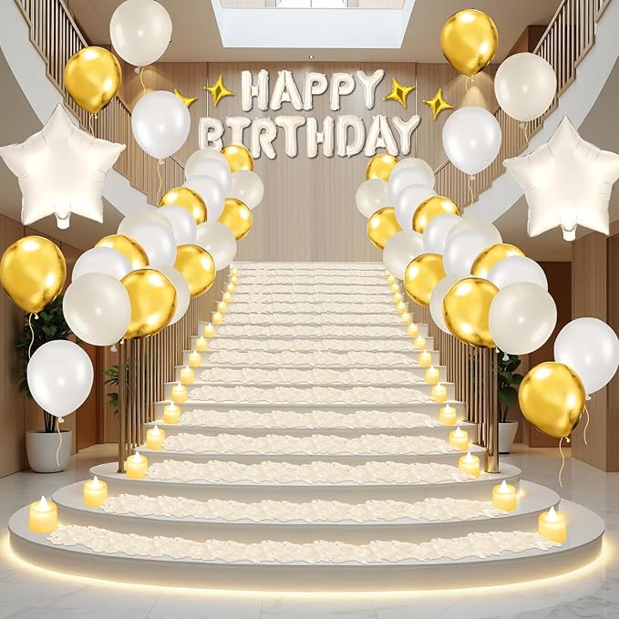 White Gold Happy Birthday Balloons Decorations Cream White Gold Birthday Balloon Letters Banner with 6 Pcs Star Balloons White Artificial Rose Petal 24 Flameless LED Candles for Room Hotel Party Decor
