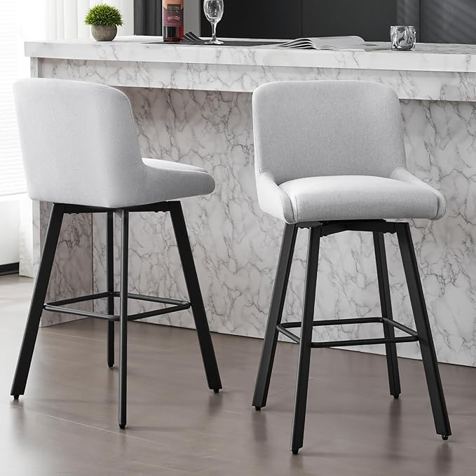 Swivel Bar Stools Set of 4, 29''H Upholstered Barstools with Backs, Modern Counter Height Bar Stool Chairs for Kitchen Island, Metal Legs, Fabric, Light Gray Counter Stools