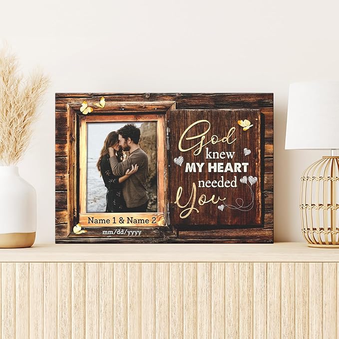 Personalized Canvas Prints, Custom Photo And Name, Window Frame God Knew My Heart Needed You, Wedding Gifts For Couple Anniversary Engagement Gift For Couples Canvas