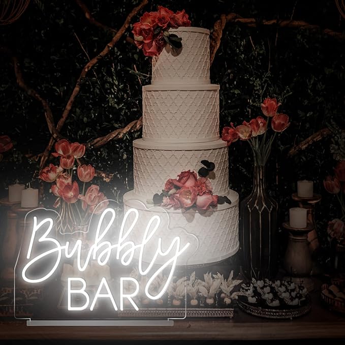 Bubbly Bar Neon Sign Tabletop, Handmade White Wedding LED Neon Light with Stand for Wedding Engagement Event Party Baby Bridal Shower Home Champagne Mimosa Bar Reception Table Sign - 15''