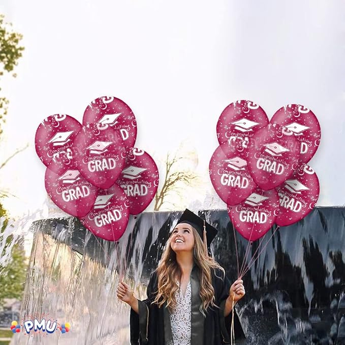 PMU 100 Pcs Crystal Burgundy Graduation Balloons Class of 2025 with All-Over Print White Grad Caps-Confetti and Streamers | Graduation Party Supplies | Congratulations Grad Latex Balloons Latex