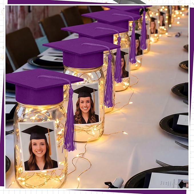 Boao 16 Sets Graduation Table Decoration Set with LED Light up Graduation Decorations for Class of 2026, Grad Jar, Felt Grad Hat and Stickers for High School College(Purple)