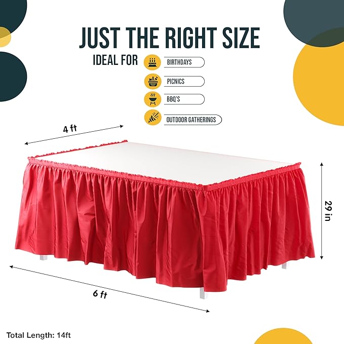 Exquisite Ruffle Table Skirt Red 48 Pack 14 Ft Long Table Skirts for Rectangle Tables 6ft Plus or Round Tables Skirts with Adhesive Strip for Gender Reveal Decor & Happy Birthday Parties