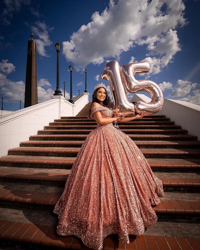 Quinceanera Dress Long Ball Gown Sparkly Sequin Off Shoulder V Neck Prom Dresses