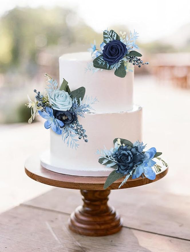 Rinlong 3Pcs Pre-made Cake Flowers Navy Blue Cake Decorations Wedding Cake Decorating Flowers Decor Birthday Baptism Party Artificial Flowers Cake Toppers
