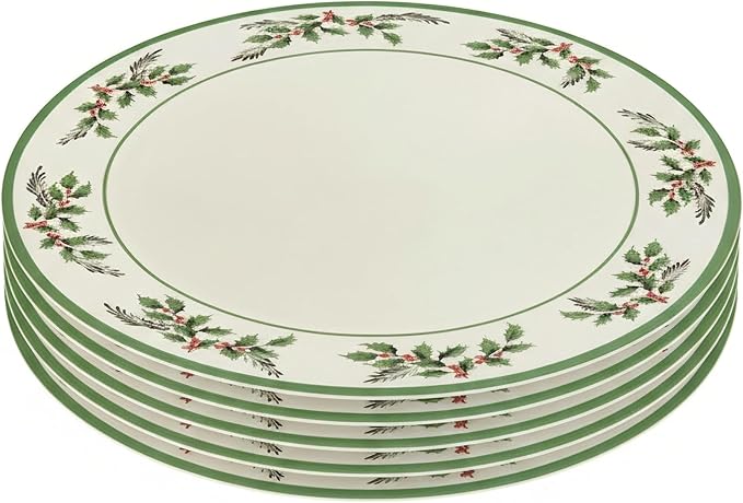 Spode Christmas Tree Holly Dinner Plates, Set of 4-10 Inch Stoneware with White Center & Holly Accents - Festive Holiday Tableware, Microwave, Dishwasher & Freezer Safe, Seasonal Dining Essentials
