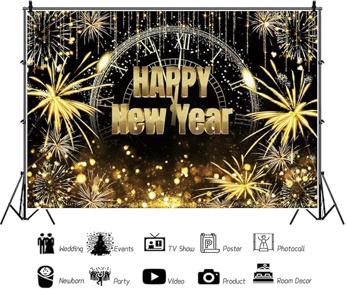 New Year Backdrop 12x8ft Happy 2026 Backdrop Black and Gold Firework Shining Gold Background 2026 New Year Eve Photo Backdrops for Photography NYE Party Photo Studio Props