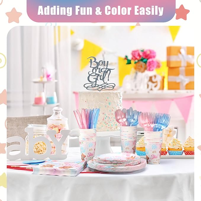 Pickmesh 400 Pcs Bear Gender Reveal Party Supplies Decorations Include Pink Blue Gender Reveal Party Disposable Paper Plates Napkins Cups Cutlery for Men Women Decorations Serve 50