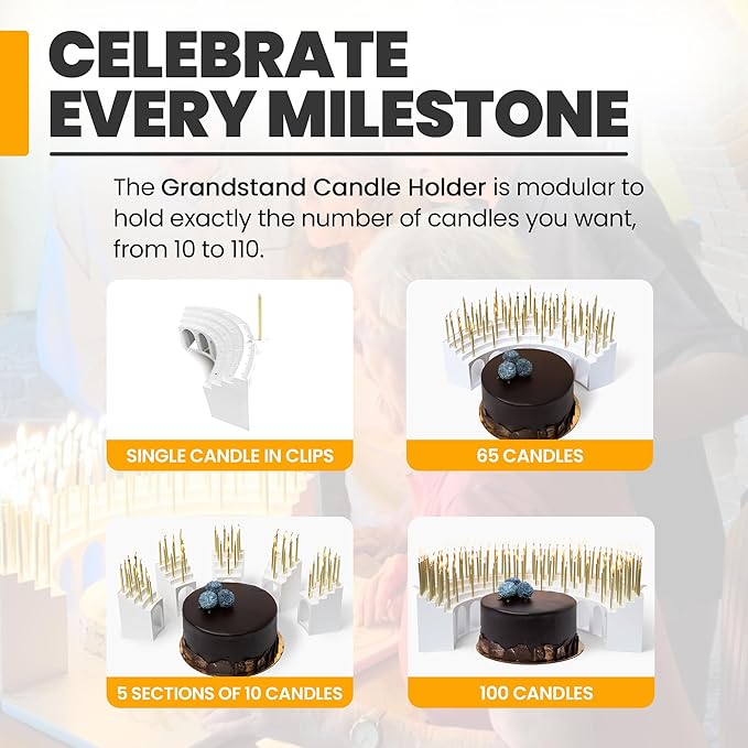 Modular Birthday Candle Holder Grandstand for Milestone Birthdays - Perfect for 40th, 50th, 60th, 70th, 80th, 90th, & 100th - Includes 100 Gold Birthday Candles - Cake Decorations