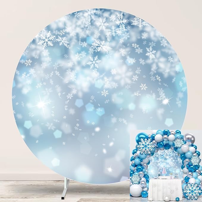 Bokeh Snowflake Round Backdrop Cover 7.2ft Dreamy Blue Snowflakes Round Background for Photography Christmas Ice Snow Winter Theme Birthday Party Backdrop for Girls Elsa Princess Portraits