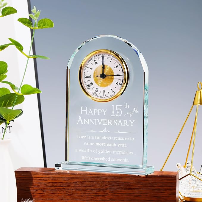YWHL 15 Year Anniversary Quartz Clock Gifts for Her Him, Happy 15th Anniversary Clock Gifts for Couples, Romantic Presents for 15th Marriage Party