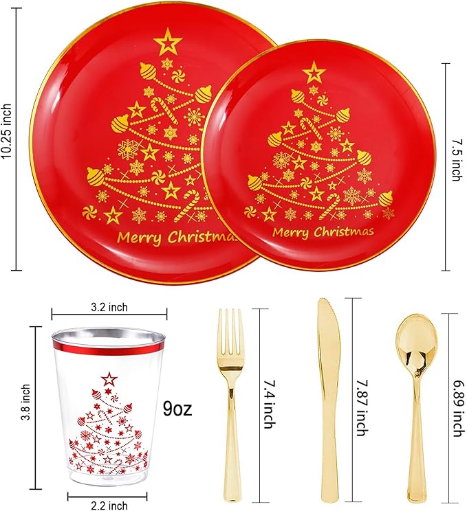 LIYH 150 Pcs Red Plastic Christmas Plates - Disposable Dinnerware Set, Christmas Plastic Plates, Red Silverware Set, Disposable Xmas Cups 10 OZ Holiday Tableware Dishes for Xmas Day 25 Guests
