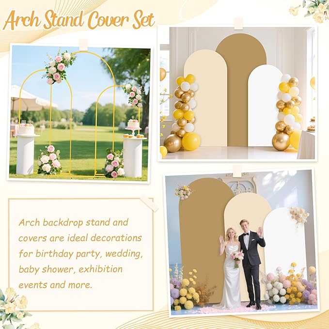6FT 6.6FT 7.2FT Arch Stand and Cover Set of 3 Brown Arch Backdrop Covers for Balloon Arch Stands Birthday Party Decor Metal Arch Stand with Beige Cover for Wedding Baby Shower Decorations
